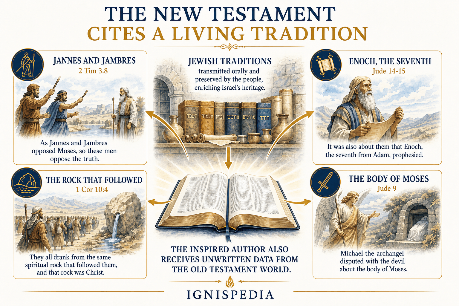 Infographic of the New Testament’s borrowings from Jewish tradition: Jannes and Jambres, the rock that follows, Enoch and the body of Moses