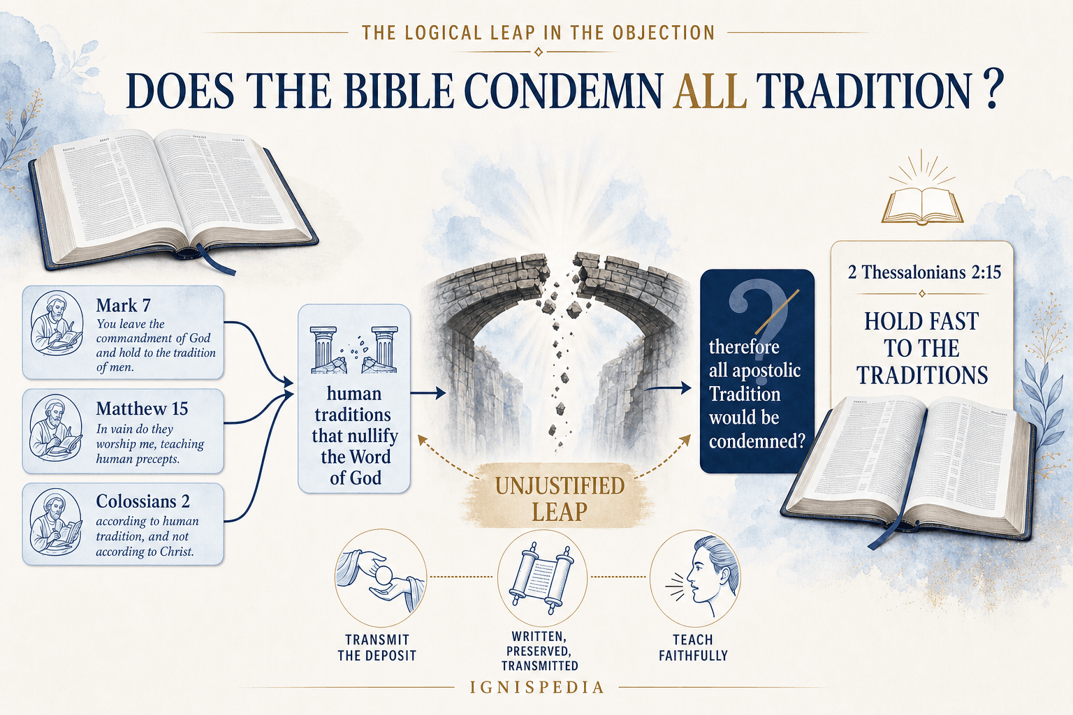 Diagram of the Protestant objection: from the condemnation of human traditions to the supposed condemnation of all Tradition