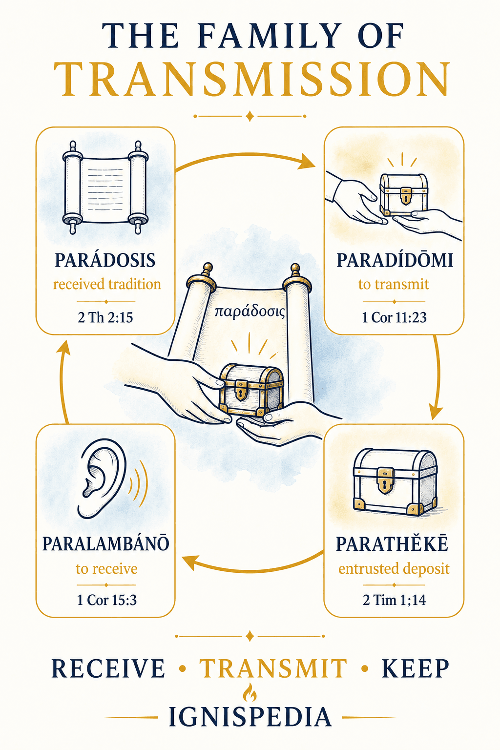 Infographic of the Greek family paradosis, paradidomi, paralambano, and parathēkē with their meanings and a reference verse