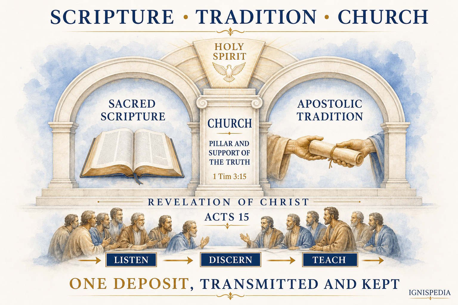 Infographic of the unique deposit of Christ served by Scripture, Tradition, and the Church under the action of the Holy Spirit