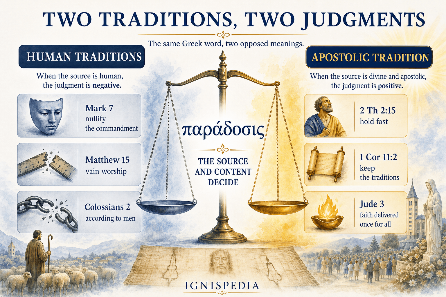 Infographic contrasting the condemned tradition of men and the commanded apostolic Tradition