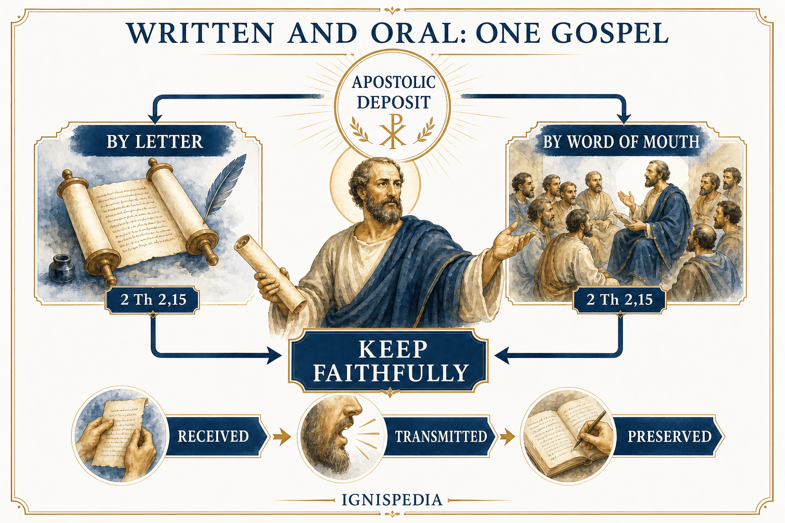 Infographic showing the same apostolic deposit transmitted by letter and orally according to 2 Thessalonians 2:15