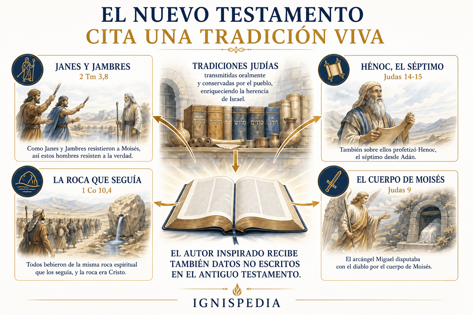 Infografía de los préstamos del Nuevo Testamento a la tradición judía: Jannes y Jambres, la roca que seguía, Enoc y el cuerpo de Moisés