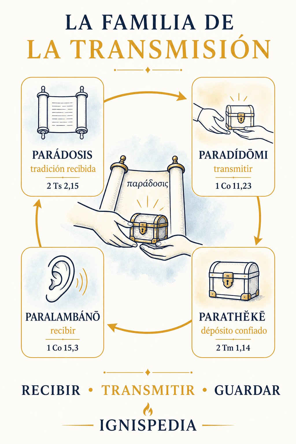 Infografía de la familia griega paradosis, paradidomi, paralambano y parathēkē con sus significados y un versículo de referencia
