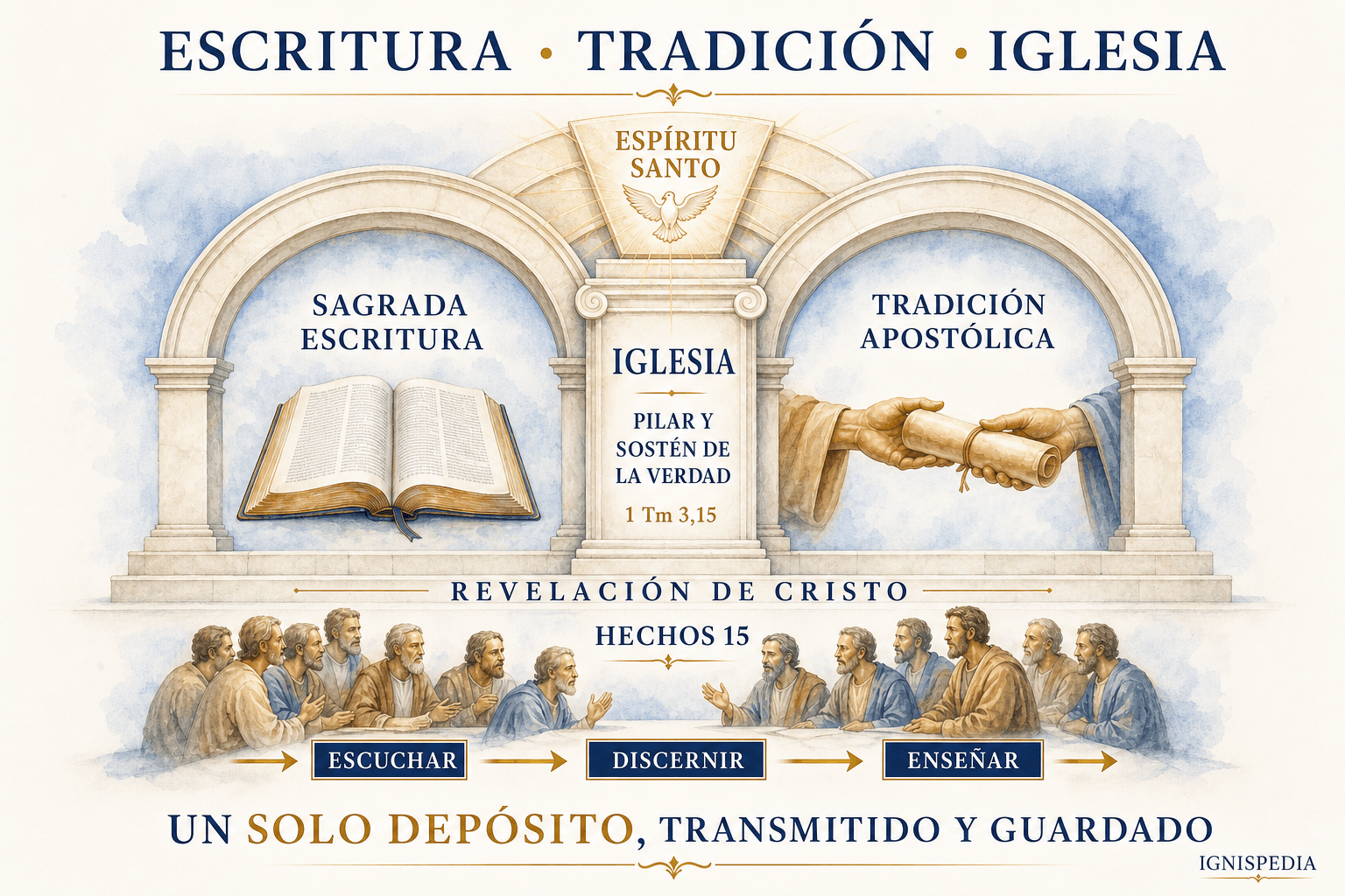 Infografía del único depósito de Cristo servido por la Escritura, la Tradición y la Iglesia bajo la acción del Espíritu Santo