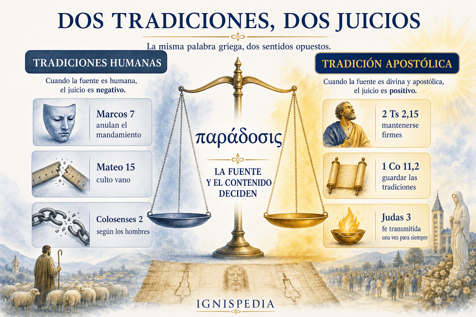 Infografía que opone la tradición de los hombres condenada y la Tradición apostólica mandada
