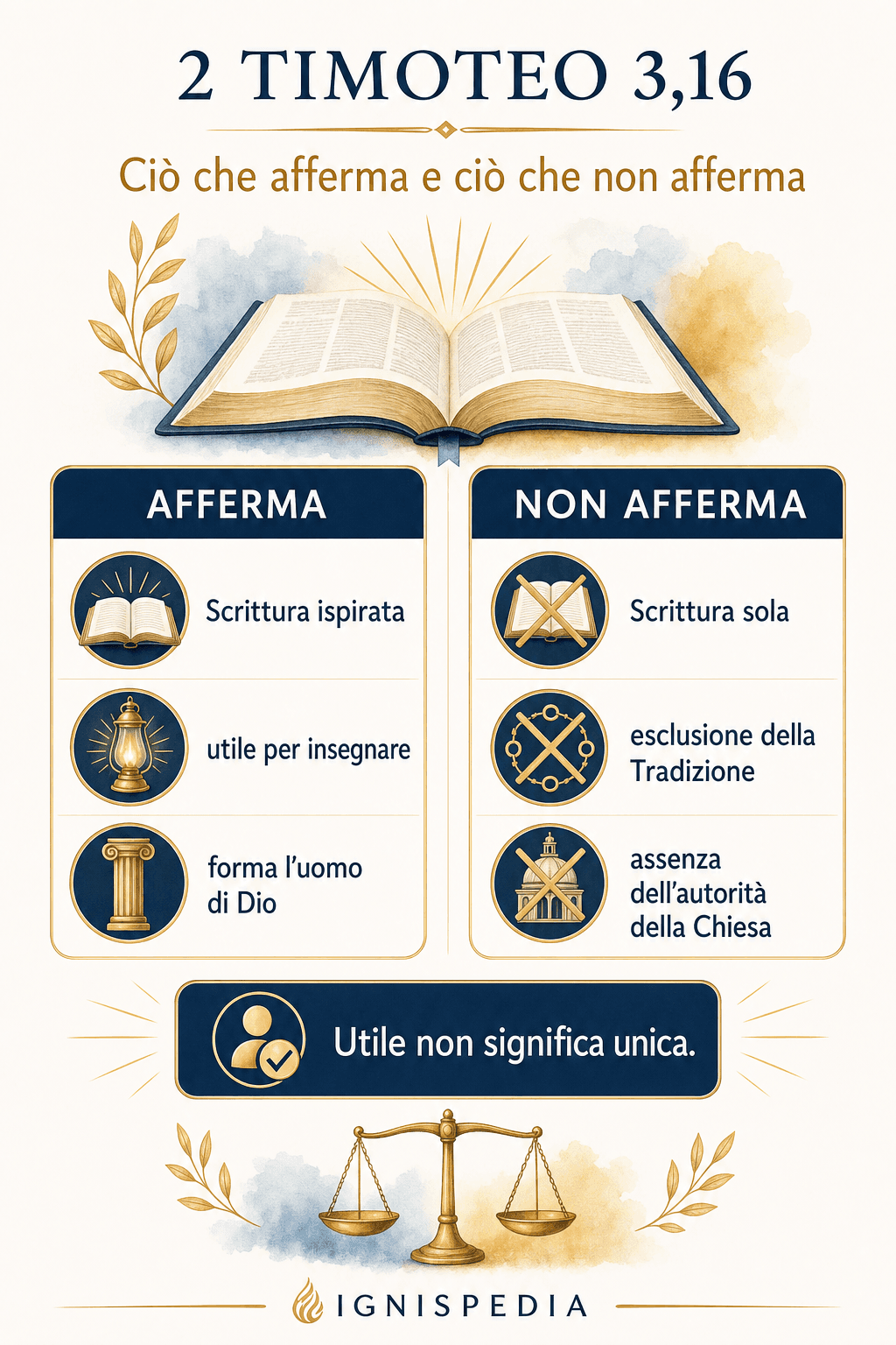 Infografica che distingue ciò che 2 Timoteo 3,16 afferma sulla Scrittura e ciò che non afferma