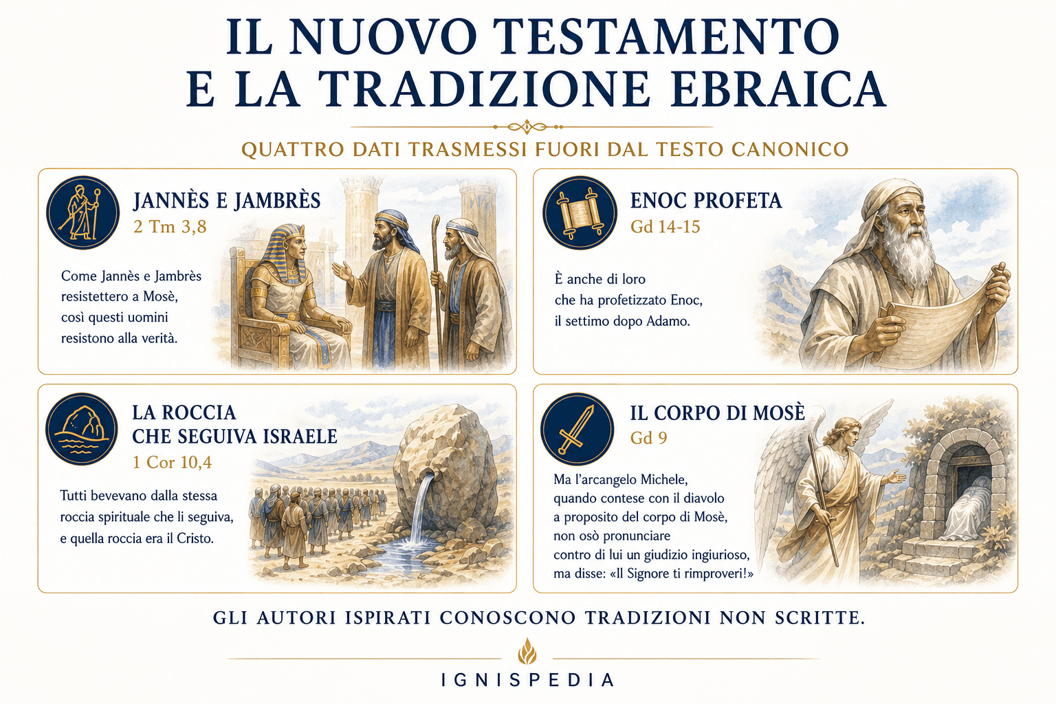 Infografica dei prestiti del Nuovo Testamento alla tradizione ebraica: Iannès e Iambres, la roccia che segue, Enoch e il corpo di Mosè