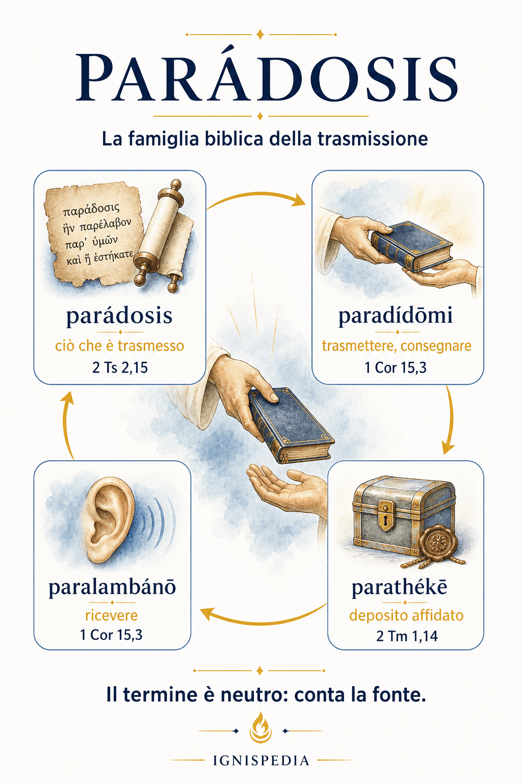 Infografica della famiglia greca paradosis, paradidomi, paralambano e parathēkē con i loro significati e un versetto di riferimento