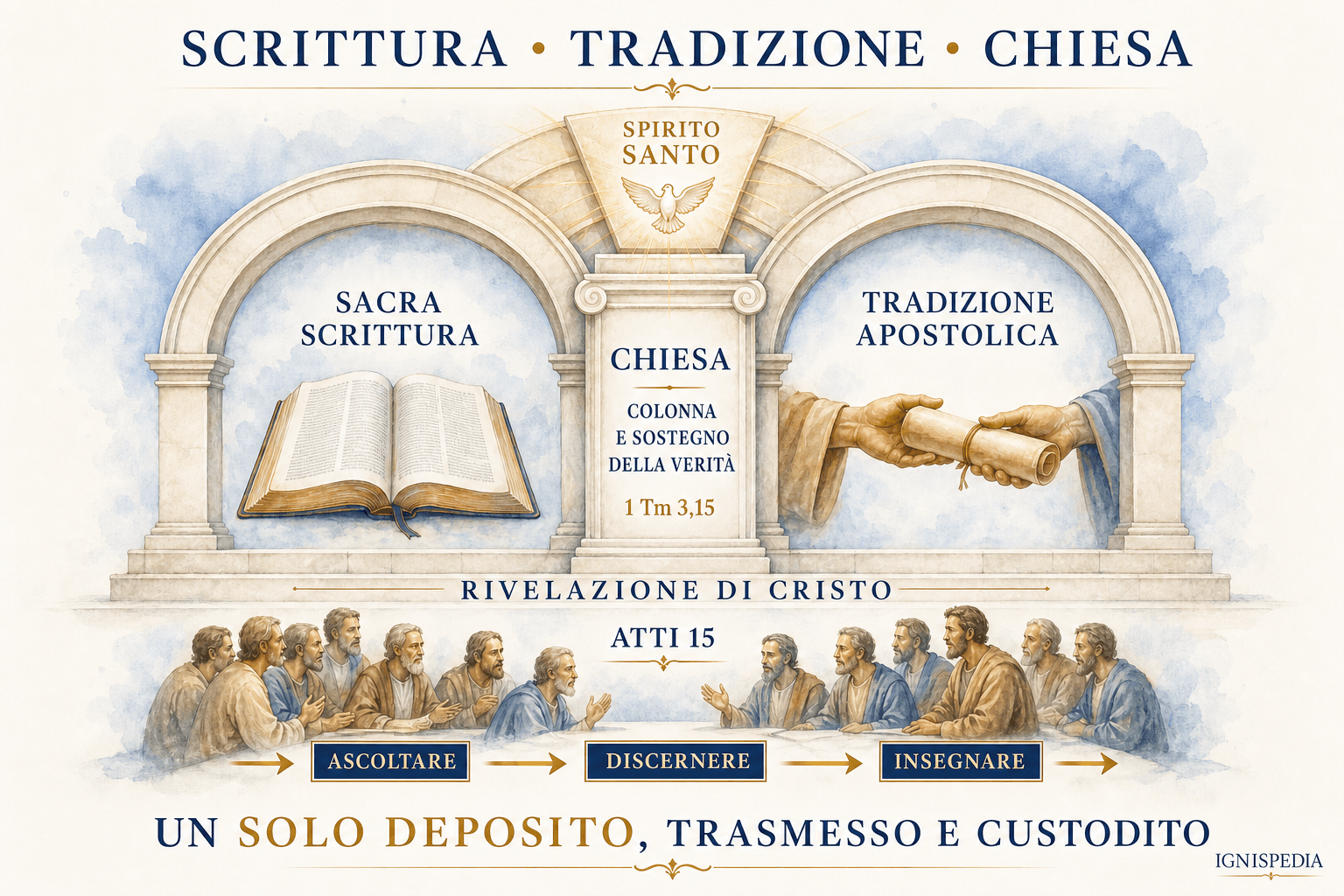 Infografica del deposito unico di Cristo servito dalla Scrittura, dalla Tradizione e dalla Chiesa sotto l’azione dello Spirito Santo