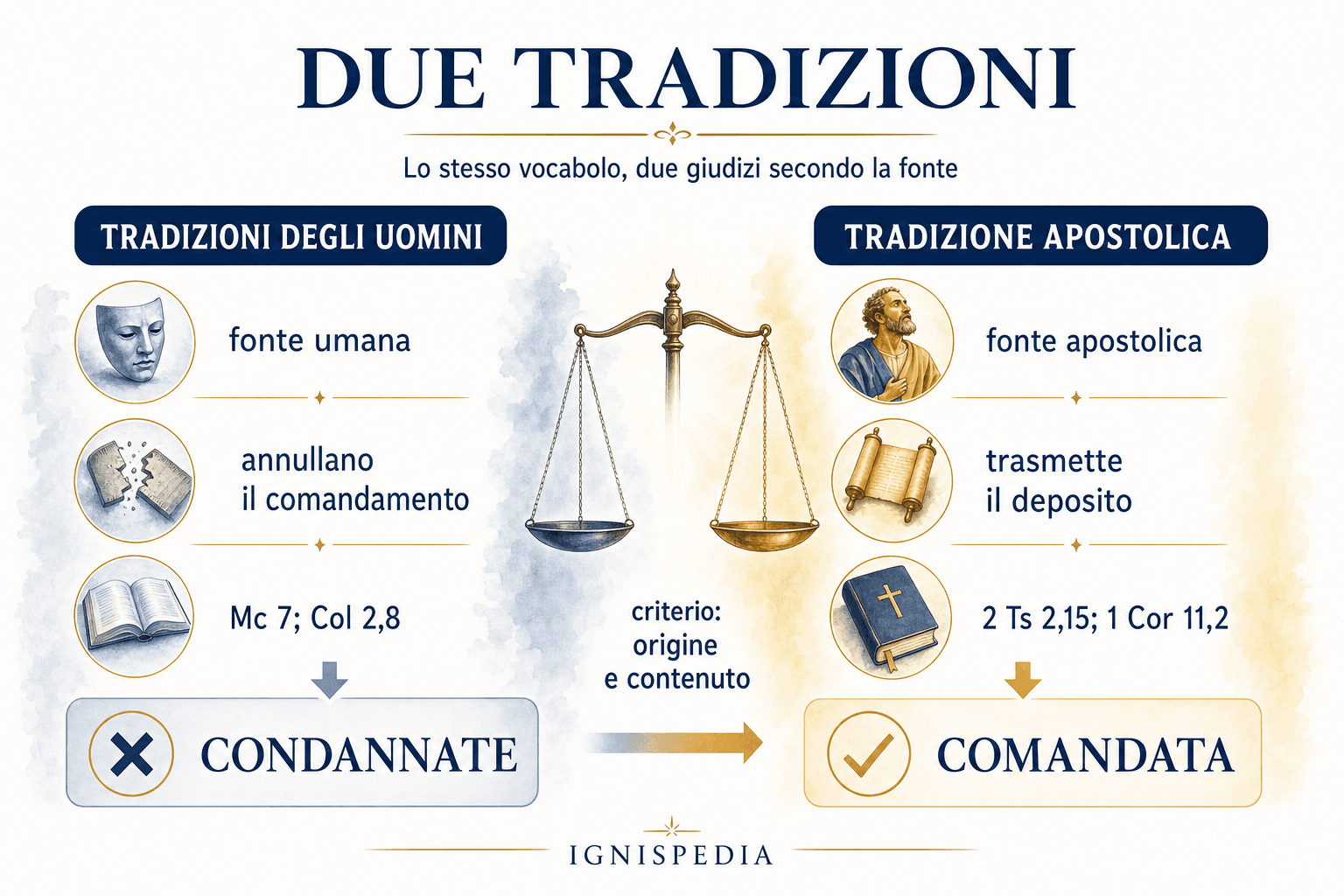 Infografica che contrappone la tradizione degli uomini condannata e la Tradizione apostolica comandata