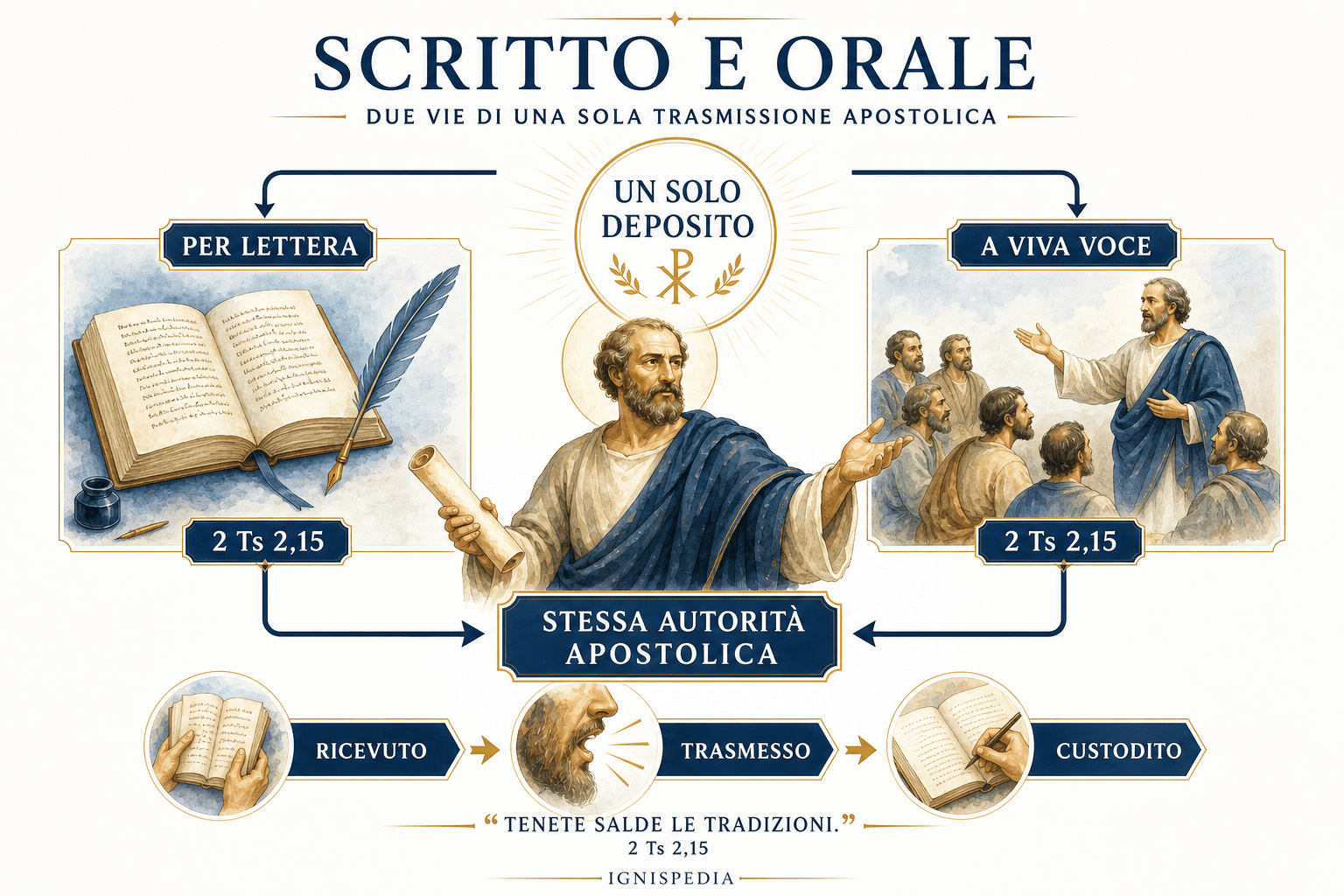 Infografica che mostra lo stesso deposito apostolico trasmesso per lettera e a voce secondo 2 Tessalonicesi 2,15