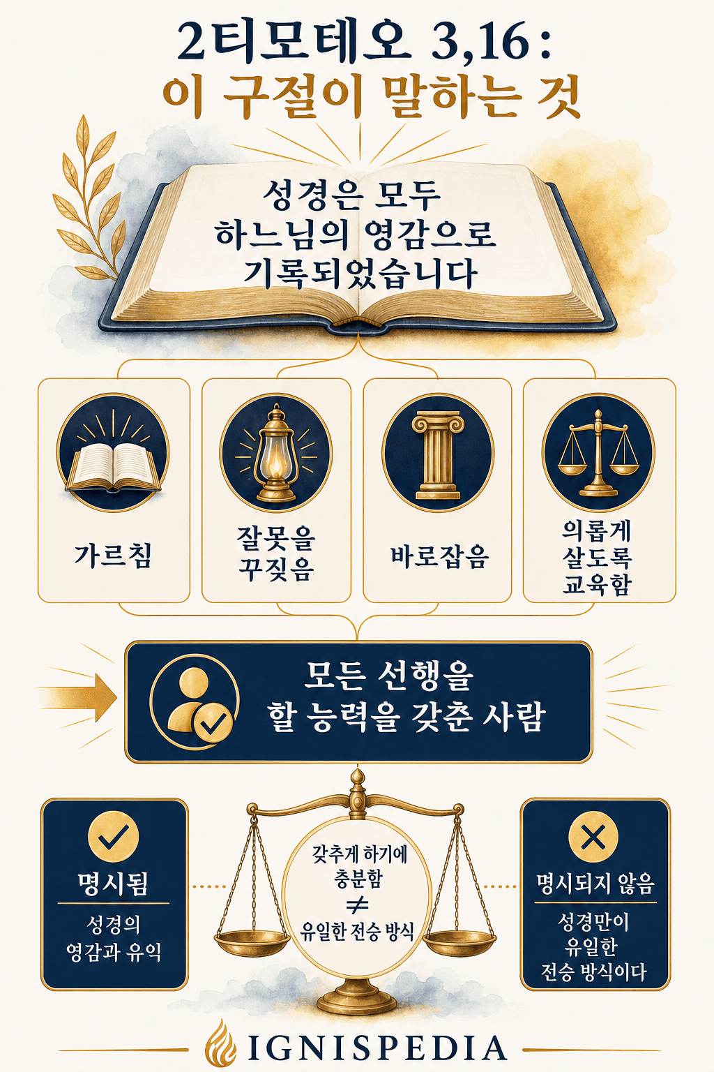 티모테오 2서 3,16이 성경에 대해 말하는 것과 말하지 않는 것을 구분한 인포그래픽