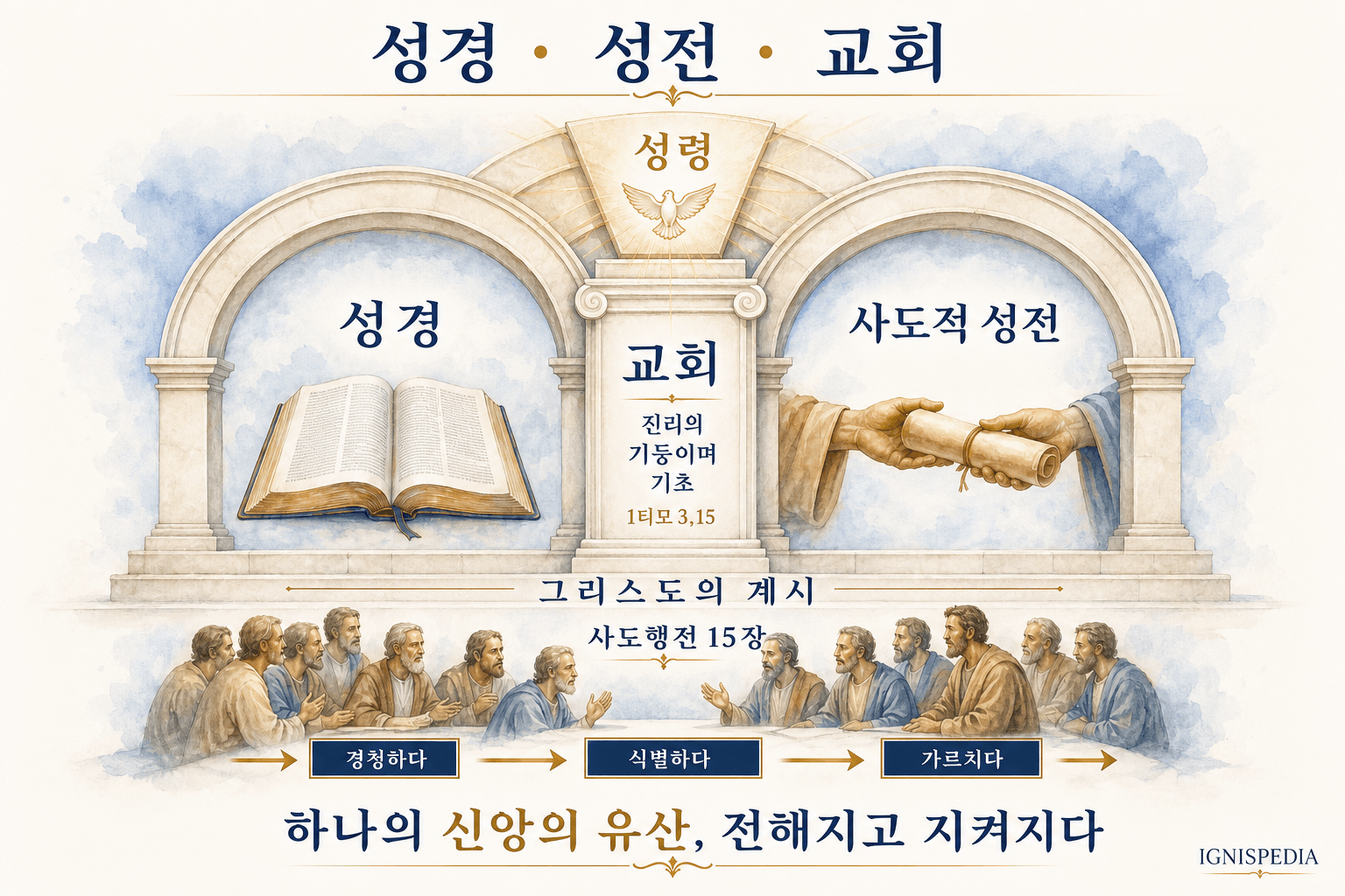 성령의 역사 아래 성경, 전통, 교회가 그리스도의 유일한 신앙 유산을 섬기는 인포그래픽