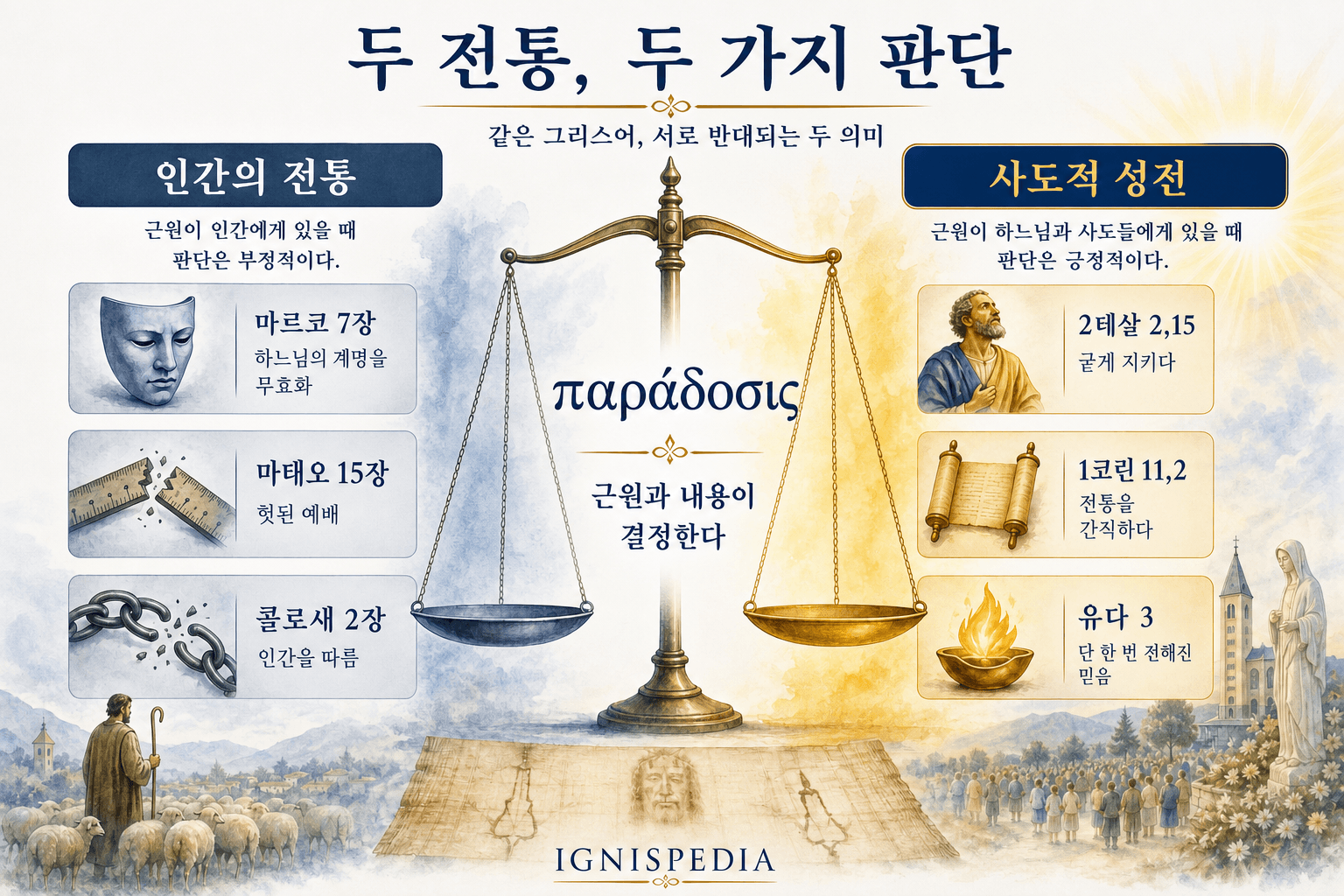 비난받는 사람들의 전통과 명령받는 사도적 성전을 대조한 인포그래픽