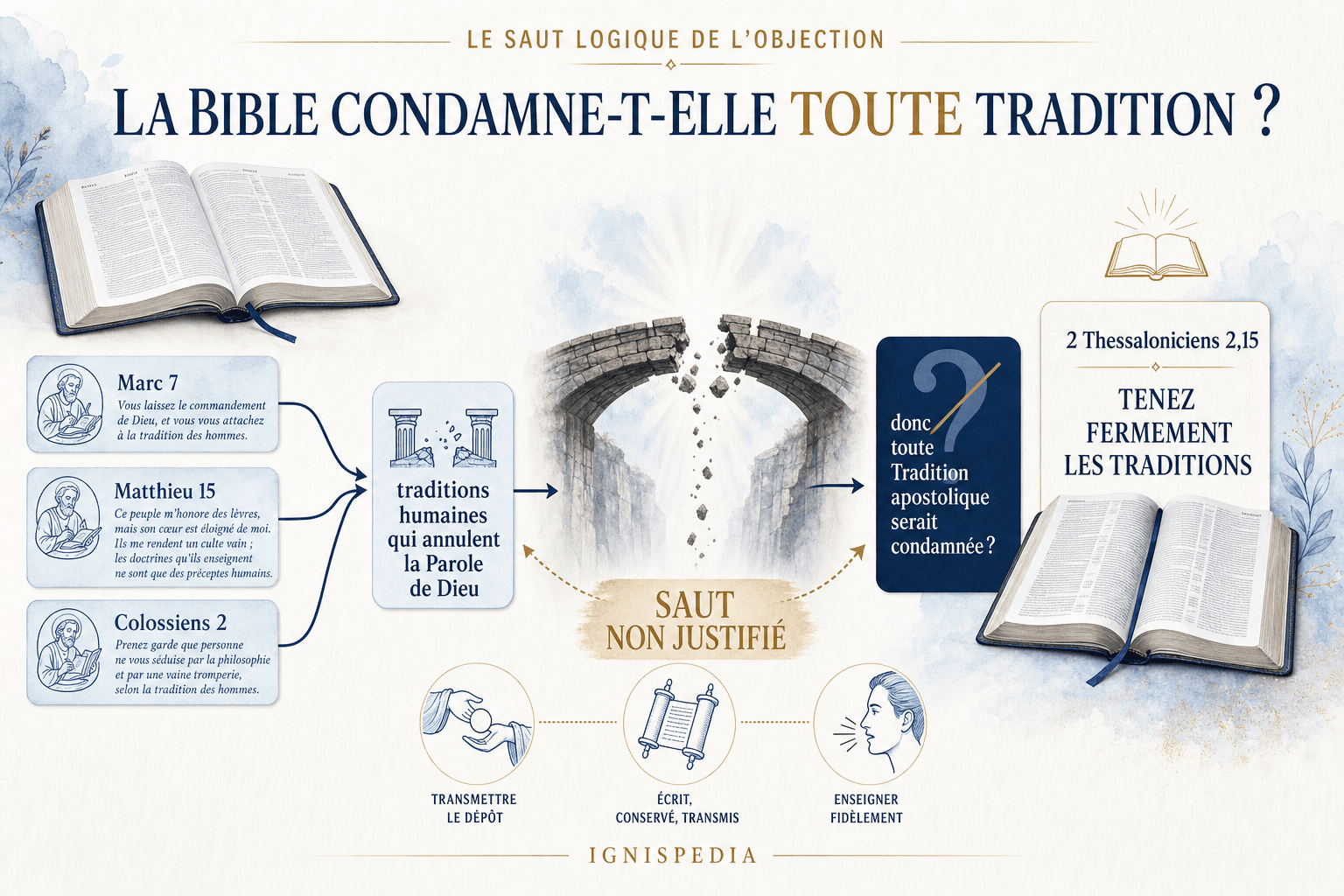 Schéma de l'objection protestante : de la condamnation de traditions humaines à la condamnation supposée de toute Tradition