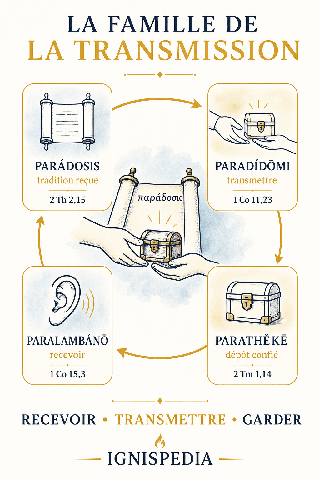 Infographie de la famille grecque paradosis, paradidomi, paralambano et parathēkē avec leur sens et un verset de référence