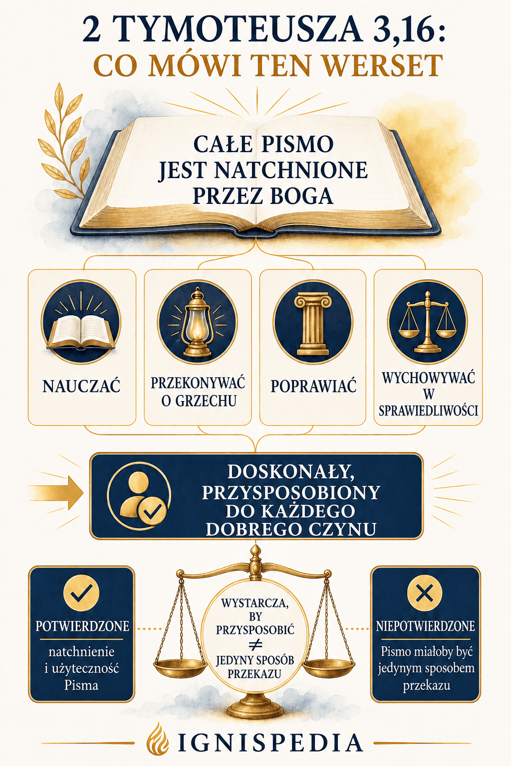 Infografika rozróżniająca, co 2 Tymoteusza 3,16 mówi o Piśmie, a czego nie mówi