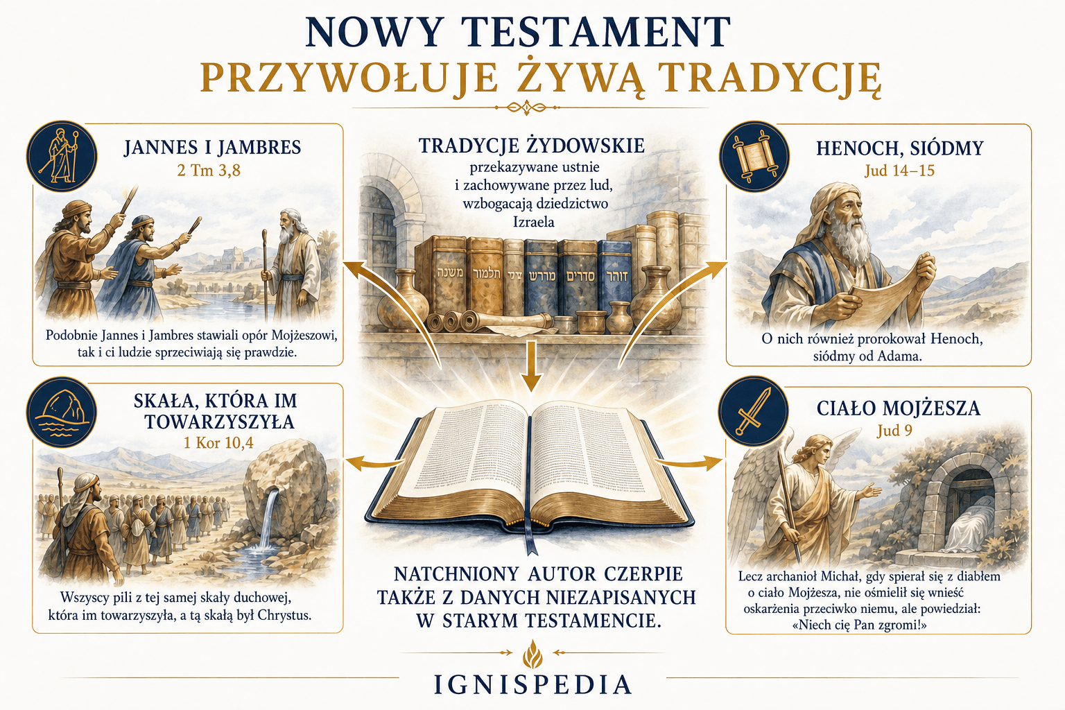 Infografika przedstawiająca zapożyczenia Nowego Testamentu z tradycji żydowskiej: Jannes i Jambres, skała, która podąża, Henocha i ciało Mojżesza