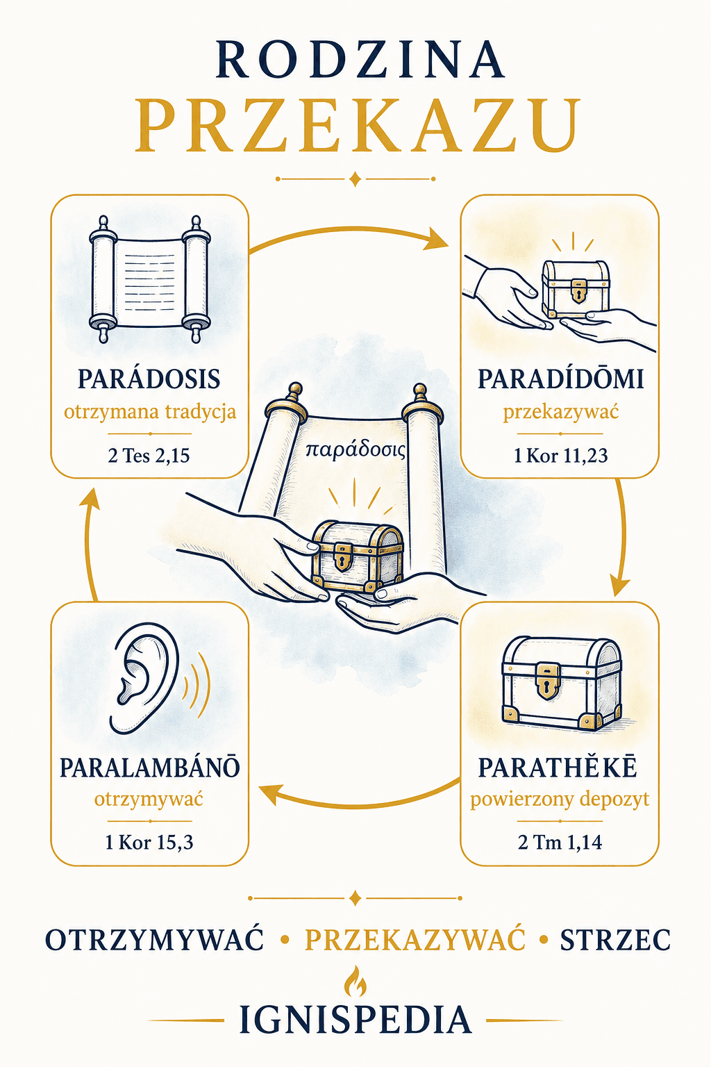 Infografika rodziny greckich słów paradosis, paradidomi, paralambano i parathēkē z ich znaczeniami i wersetem odniesienia