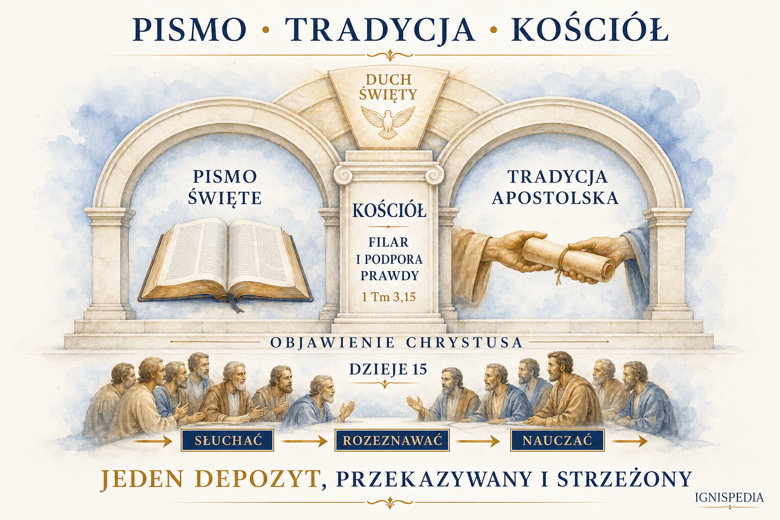 Infografika jedynego depozytu Chrystusa służonego przez Pismo, Tradycję i Kościół pod działaniem Ducha Świętego