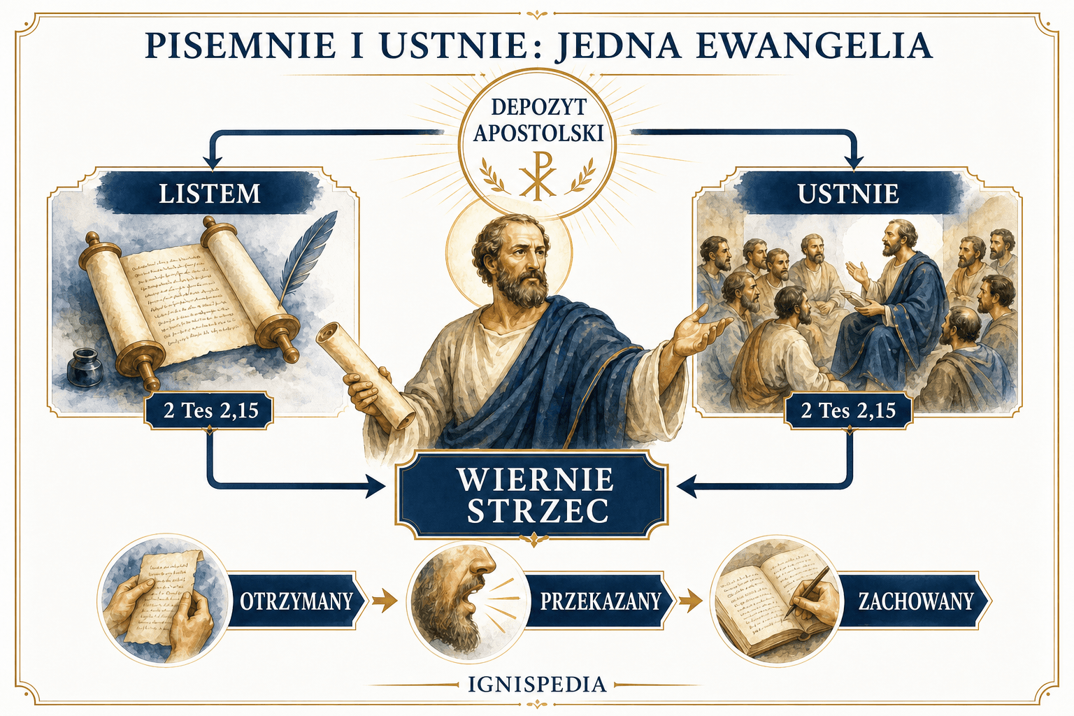 Infografika pokazująca ten sam depozyt apostolski przekazywany listem i ustnie według 2 Tesaloniczan 2,15