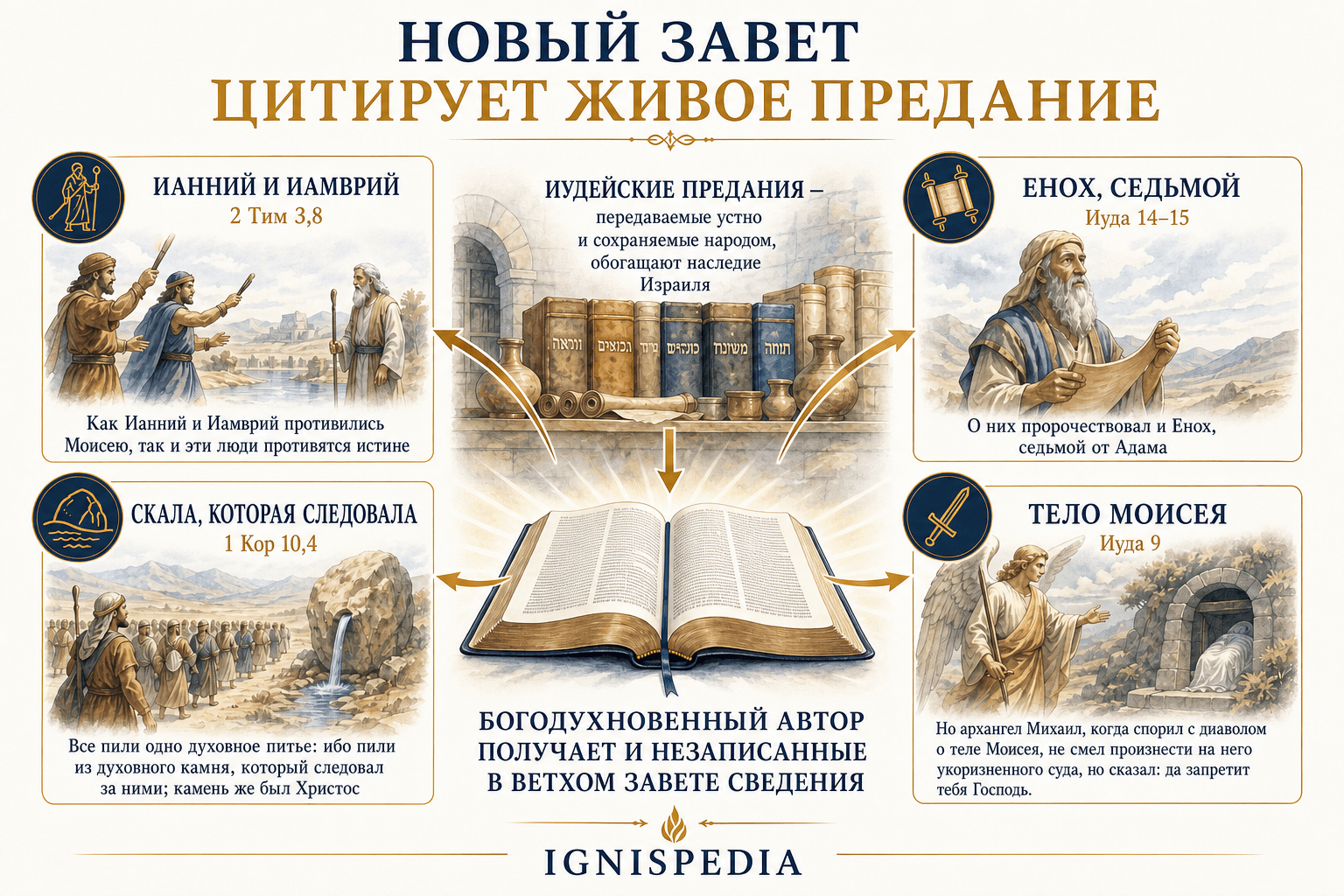 Инфографика заимствований Нового Завета из еврейской традиции: Яннес и Ямбрес, следовавший камень, Енох и тело Моисея