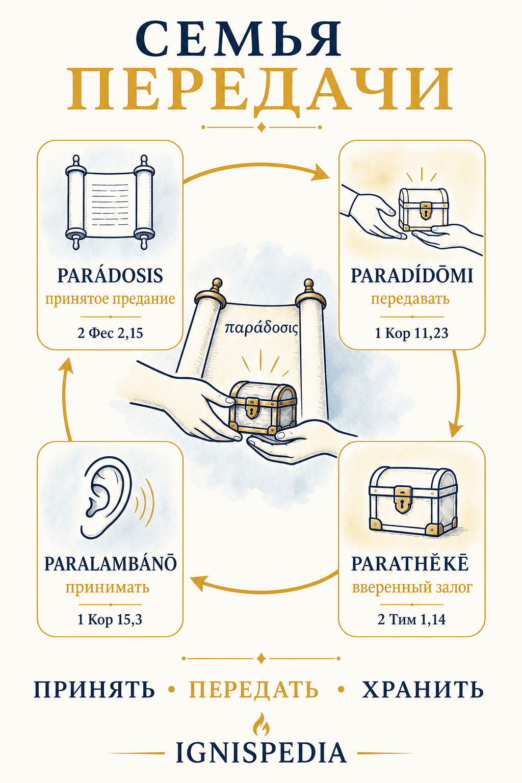 Инфографика греческого семейства paradosis, paradidomi, paralambano и parathēkē с их значениями и ссылкой на стих