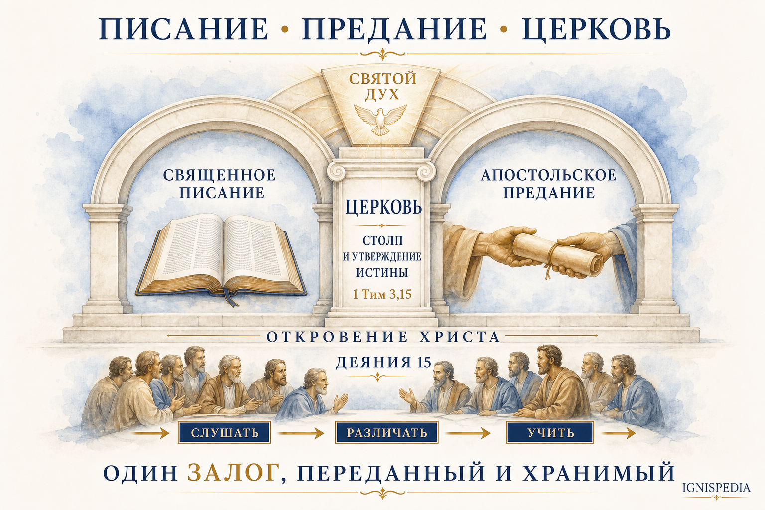 Инфографика единственного сокровища Христа, обслуживаемого Писанием, Преданием и Церковью под действием Святого Духа