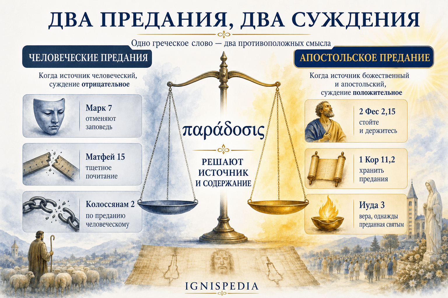 Инфографика, противопоставляющая осуждаемую традицию человеческую и повелеваемую апостольскую Традицию