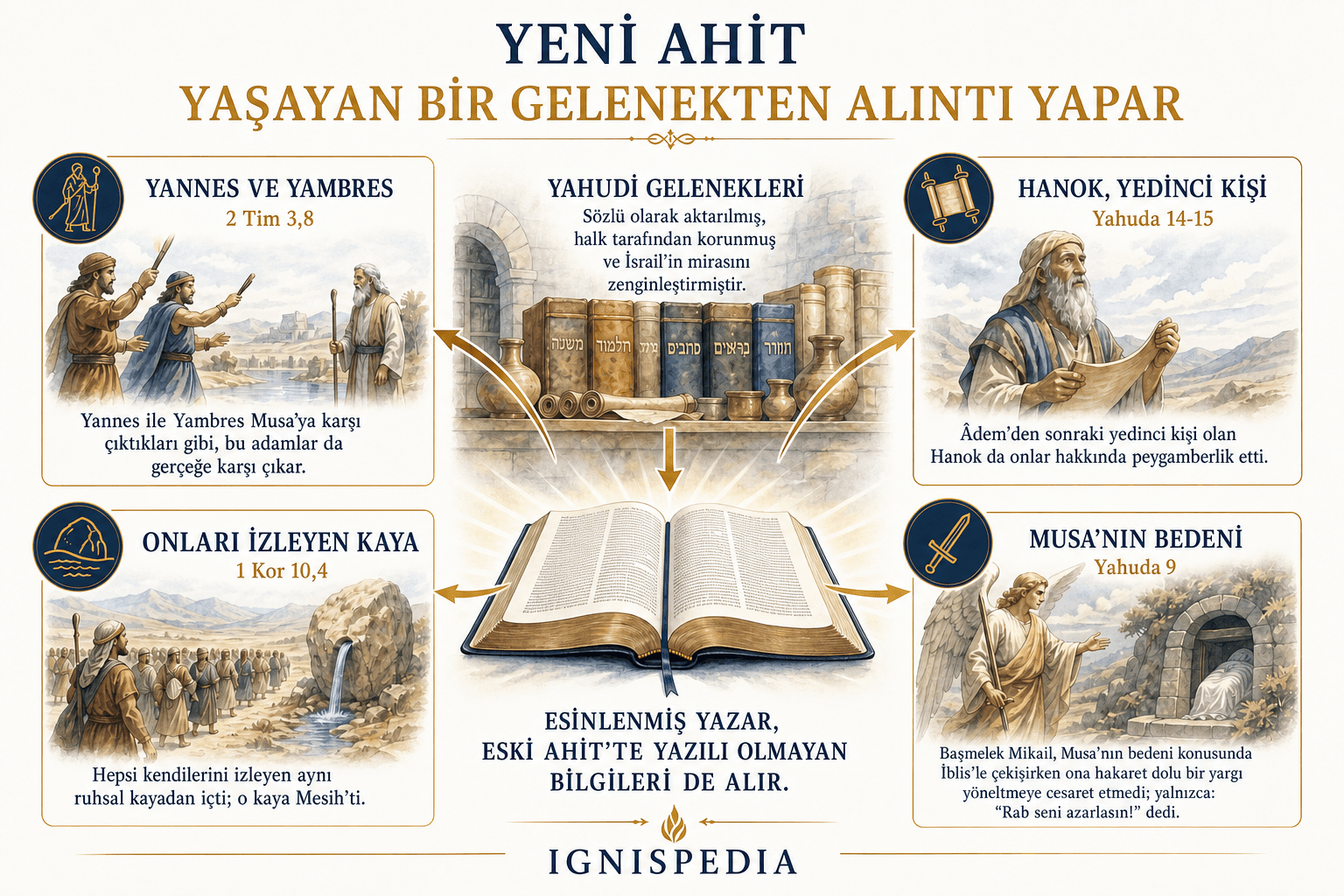 Yeni Ahit’in Yahudi geleneğinden aldığı ödünçler: Yannes ve Yambres, İsrail’i takip eden kaya, Henok ve Musa’nın bedeni
