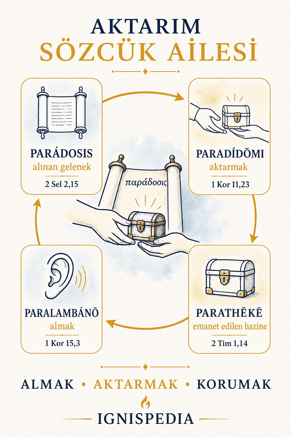 Paradosis, paradidomi, paralambano ve parathēkē Yunanca kelime ailesinin anlamları ve referans ayetleri infografiği