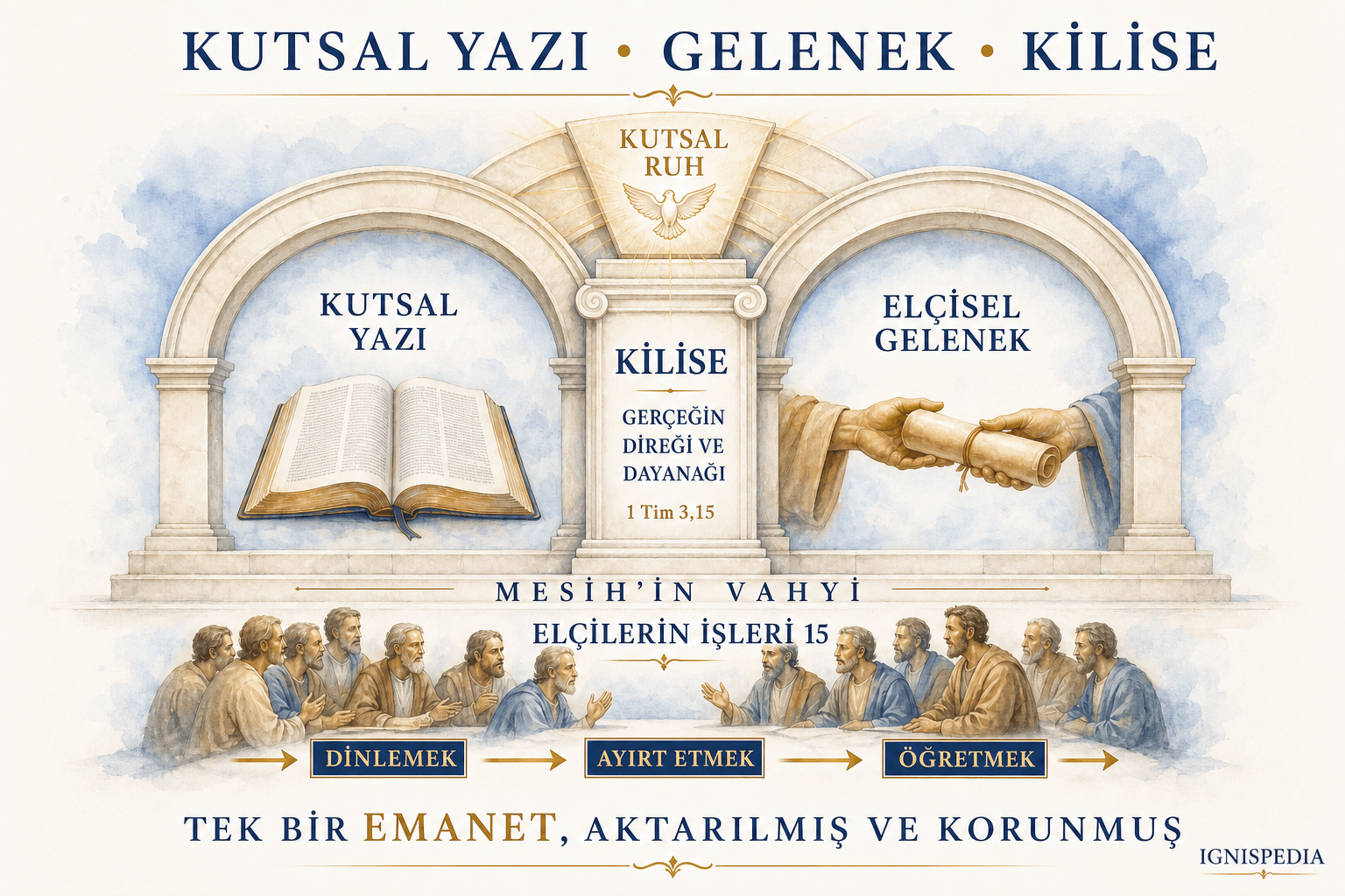 Kutsal Ruh’un etkisi altında Kutsal Yazı, Gelenek ve Kilise tarafından hizmet verilen Mesih’in tek emaneti infografiği