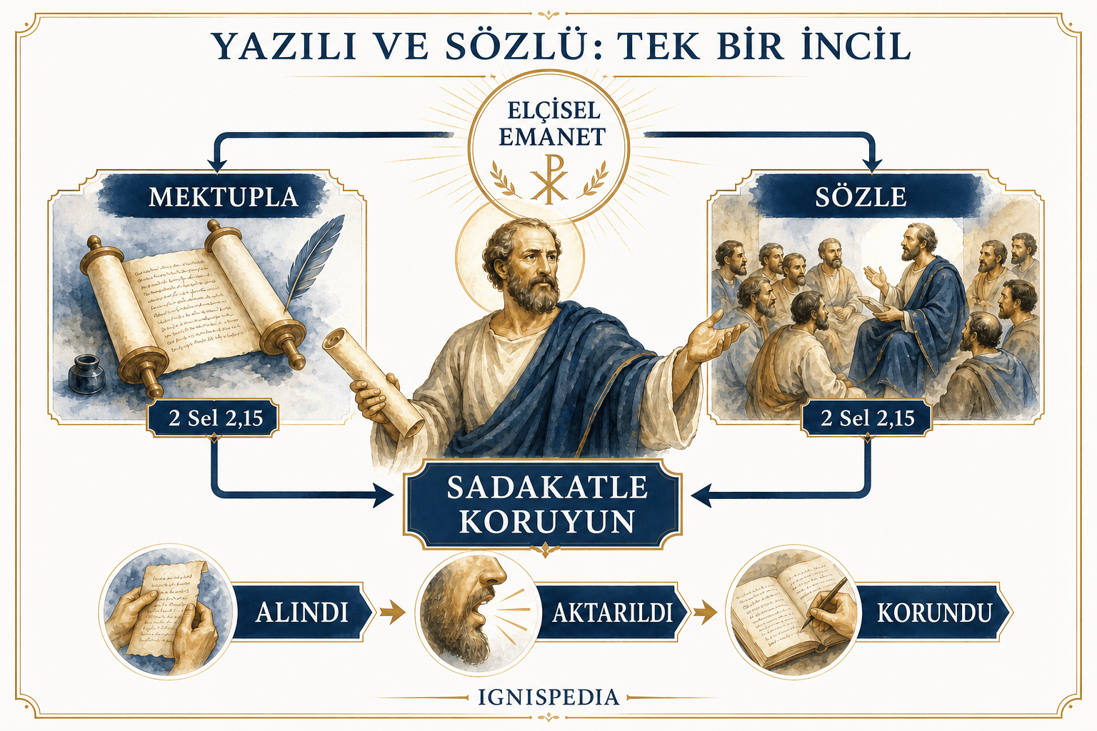 2 Selanikliler 2,15’e göre aynı apostolik emanetin mektupla ve sözlü olarak aktarımını gösteren infografik