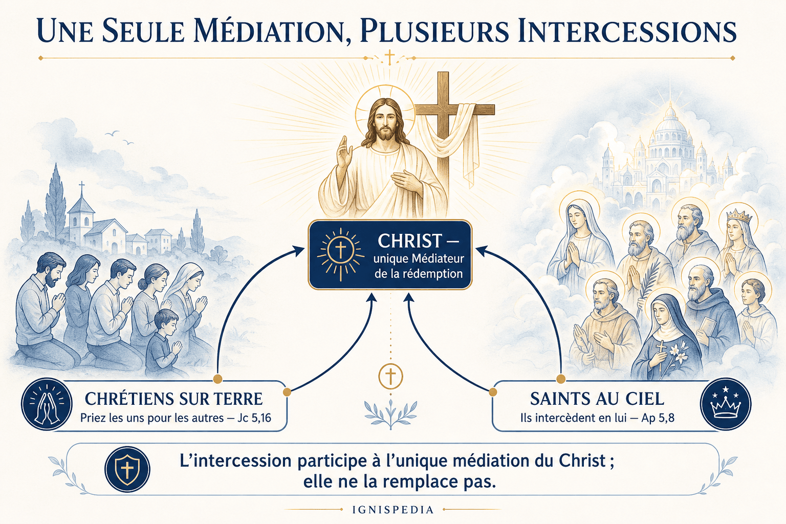 Infografik, die die einzigartige Mittlerschaft der Erlösung Christi und die untergeordnete Fürbitte der Lebenden und der Heiligen unterscheidet