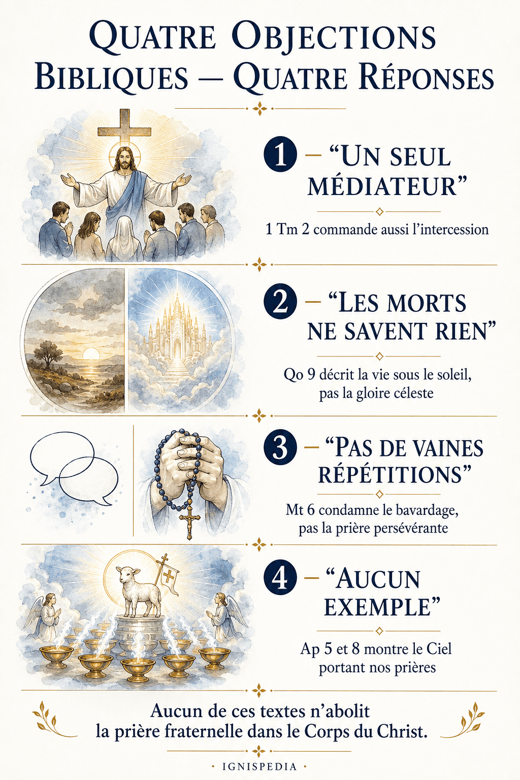 Infografik, die drei biblische Einwände durch ihren Schriftkontext entkräftet und daran erinnert, dass der Himmel unsere Gebete darbringt