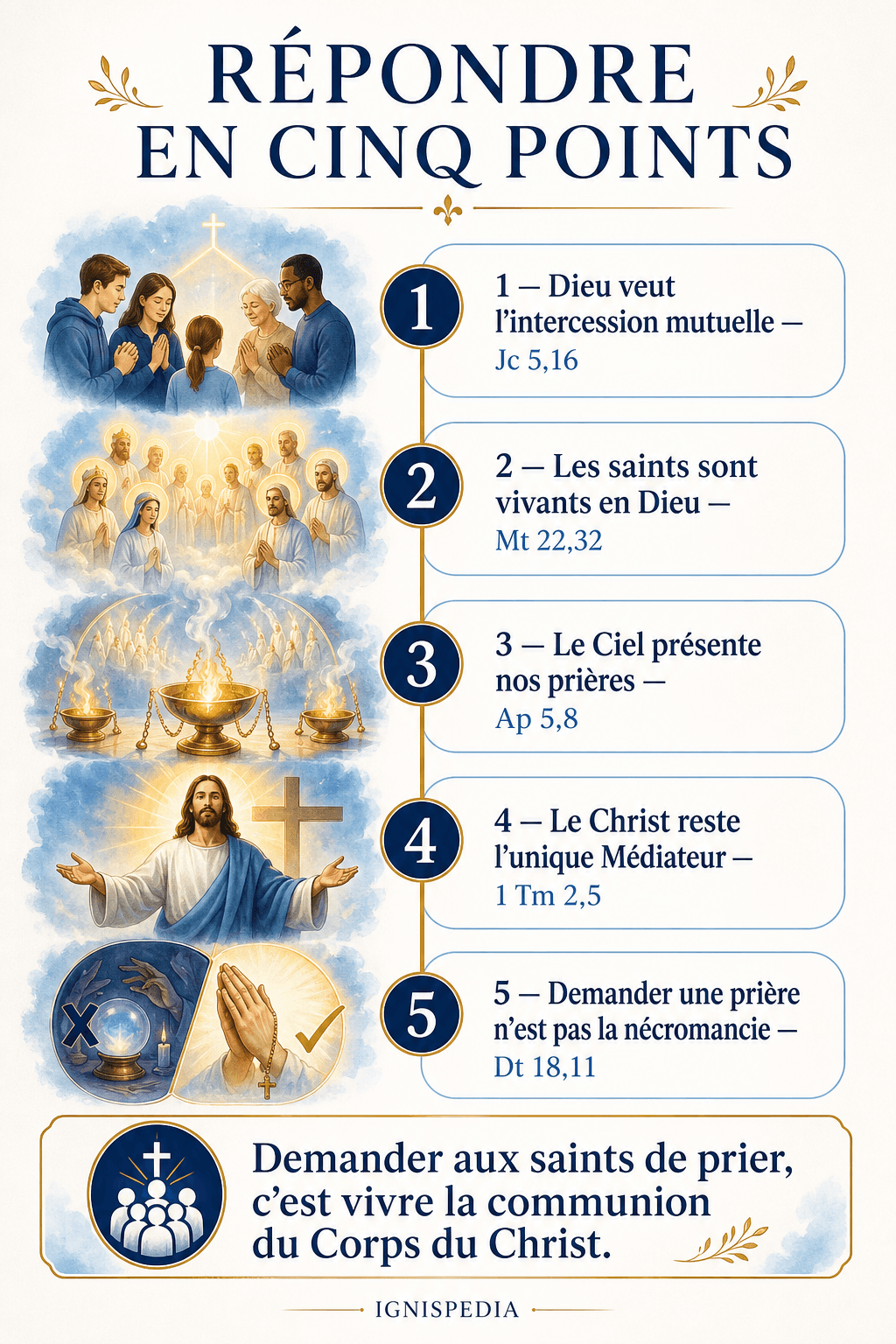 Infografik, die in fünf Punkten die biblische Antwort auf den Einwand gegen die Fürbitte der Heiligen zusammenfasst