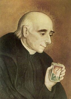Devotional image of Saint Vincent Pallotti holding an image of the Virgin and Child