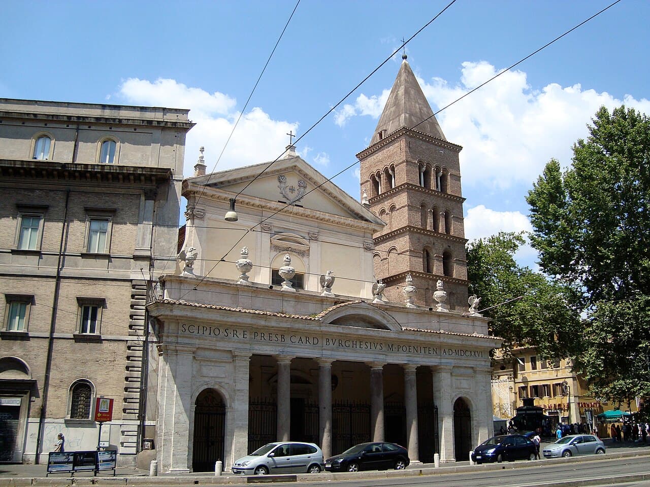Facade and bell tower of the basilica of San Crisogono in Trastevere, Rome