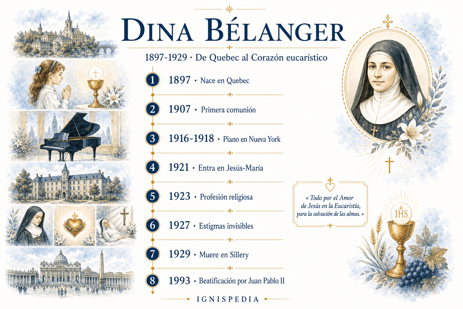 Infografía cronológica de la vida de la beata Dina Bélanger, desde su nacimiento en 1897 hasta su beatificación en 1993