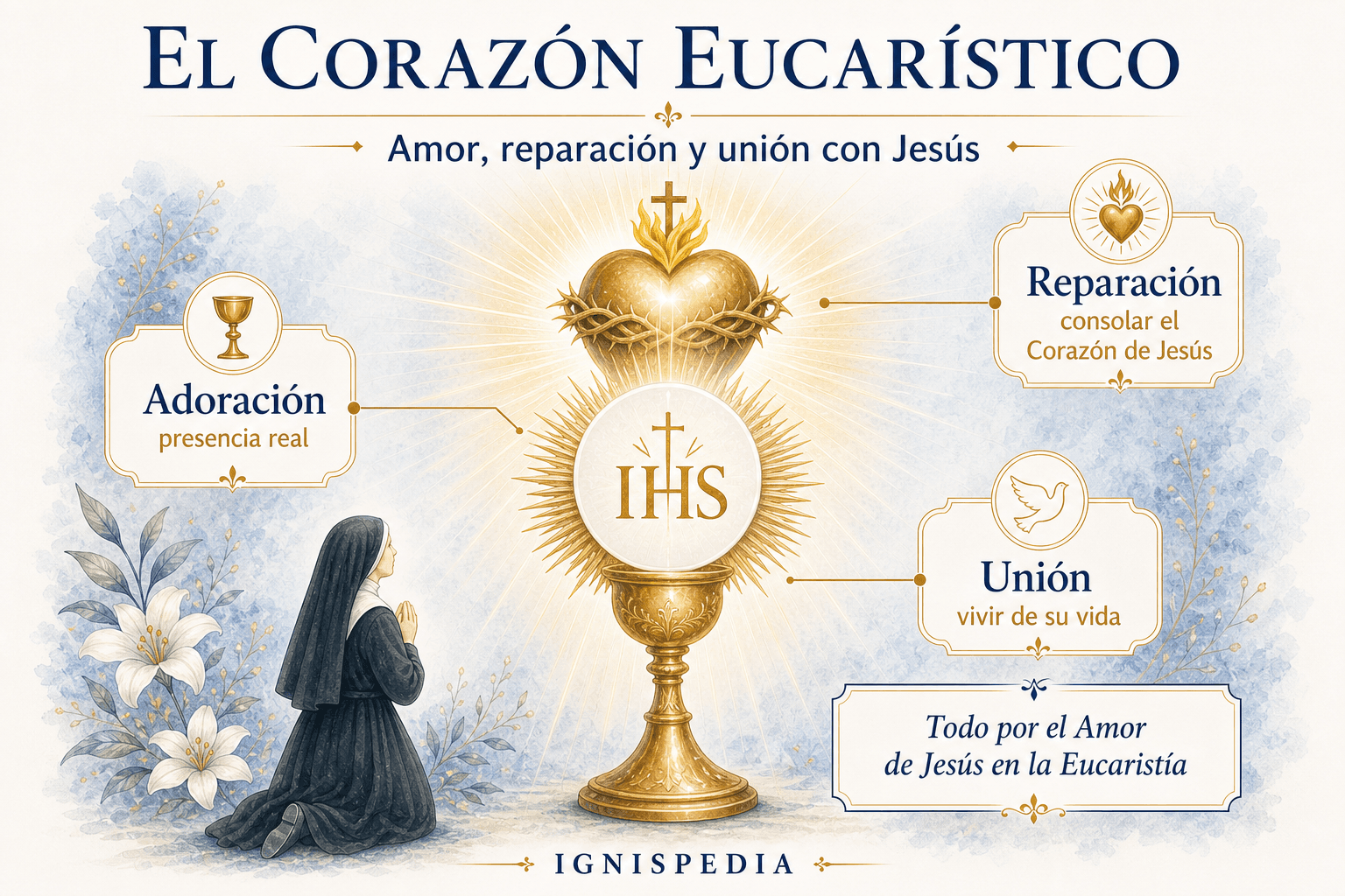 Infografía del Corazón eucarístico en Dina Bélanger: hostia, corazón, alma y unión transformante
