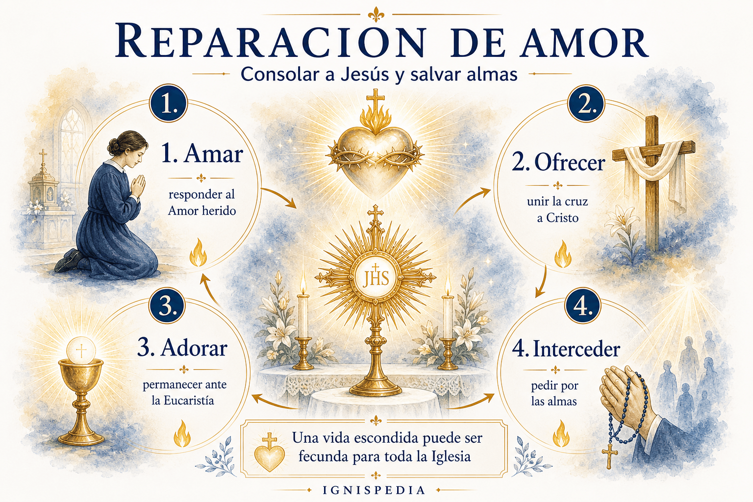 Infografía sobre la reparación eucarística en Dina Bélanger: amar, ofrecer, adorar e interceder