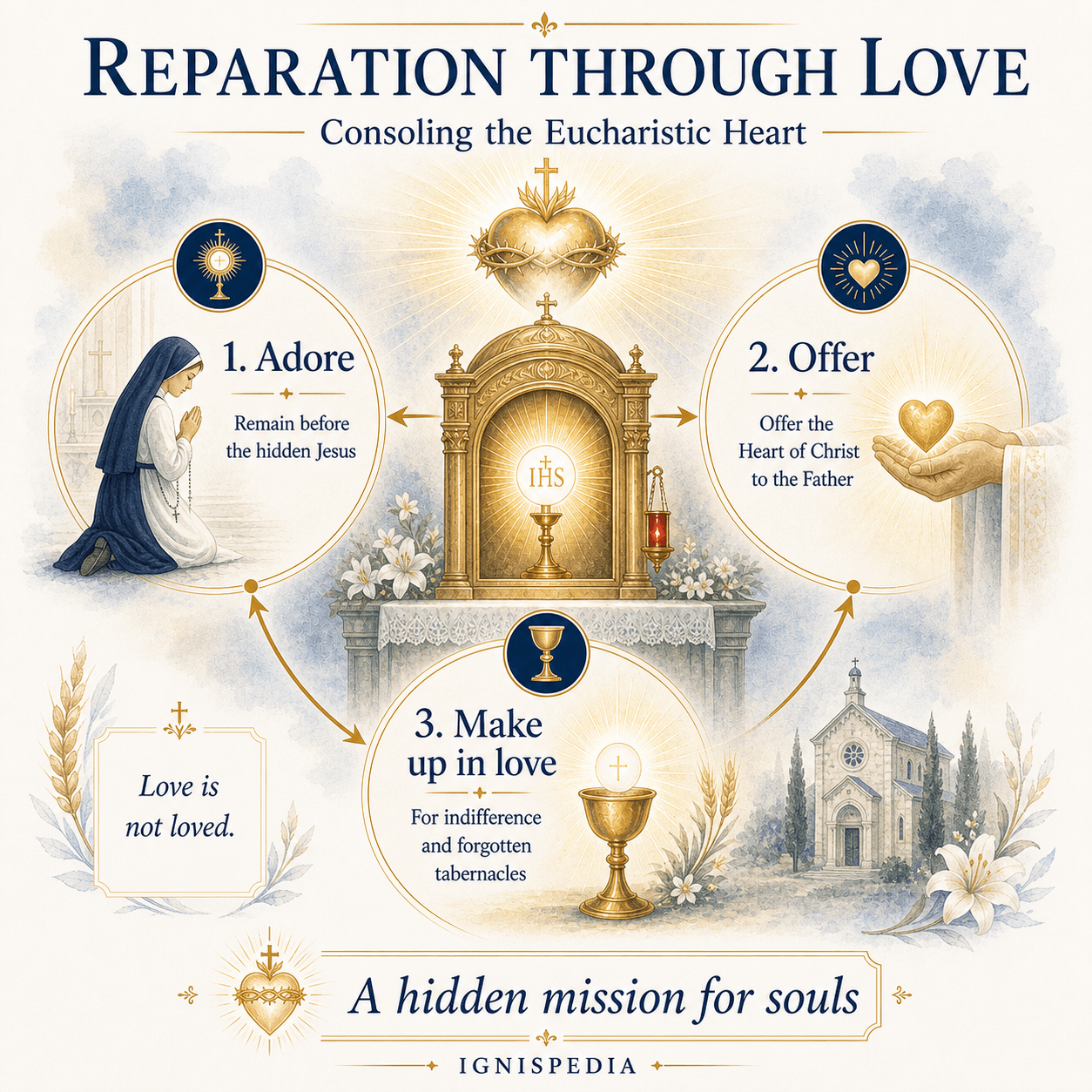 Infographic on Eucharistic reparation in Dina Bélanger: adore, offer and make up in love