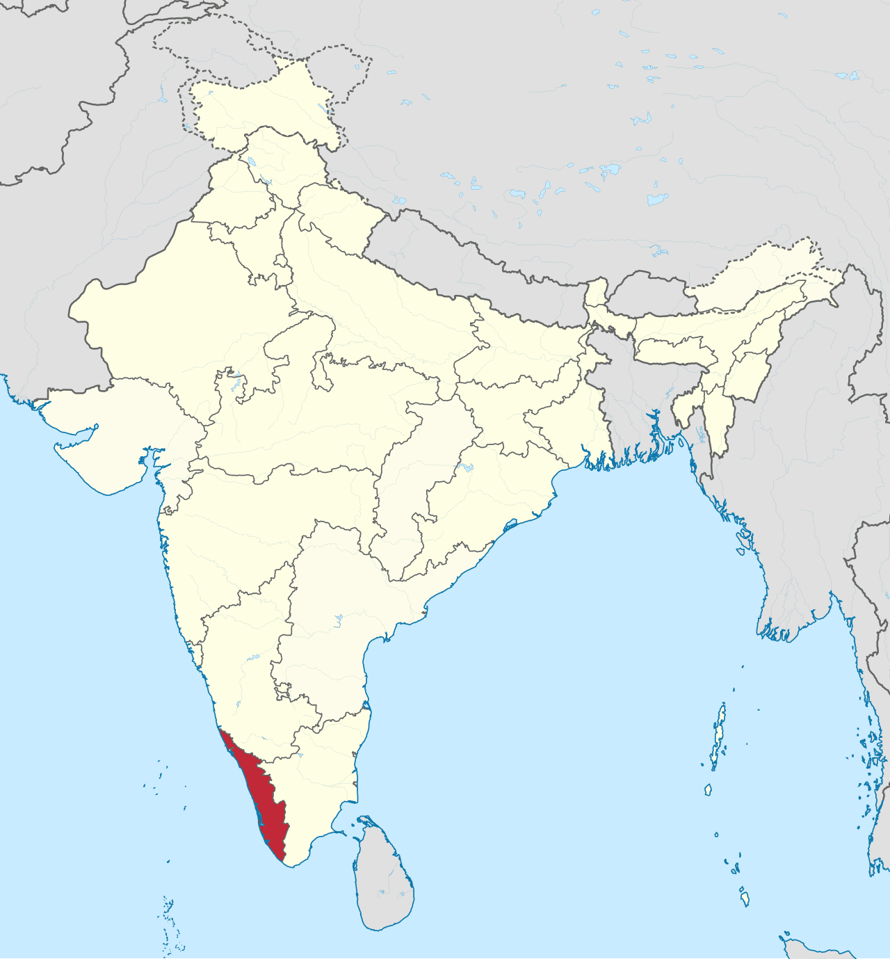 Carta dell'India con il Kerala evidenziato, la terra natale di Rani Maria nel sud-ovest
