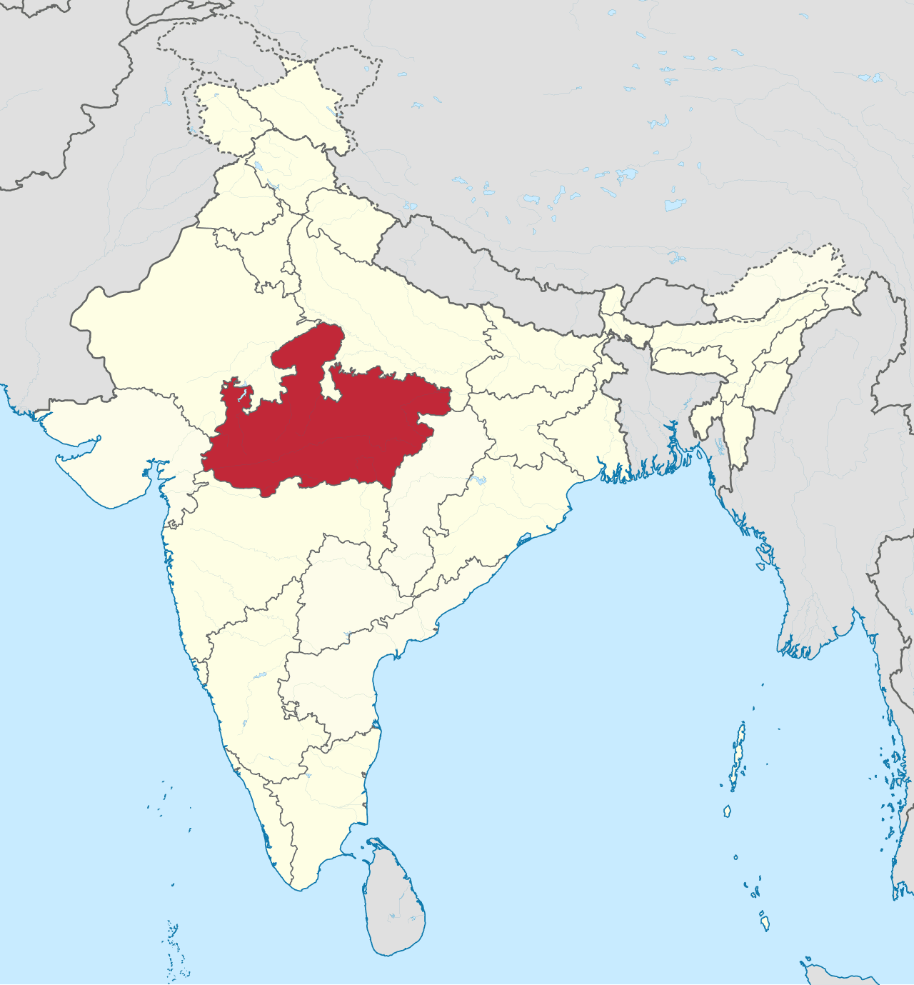 Carta dell'India con il Madhya Pradesh evidenziato, la terra della sua missione