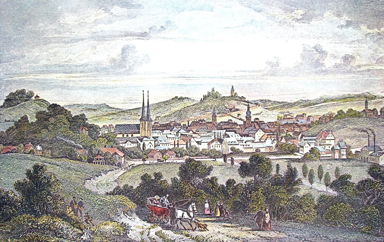 Engraved view of Elberfeld around 1845, with its churches and the first industrial chimneys