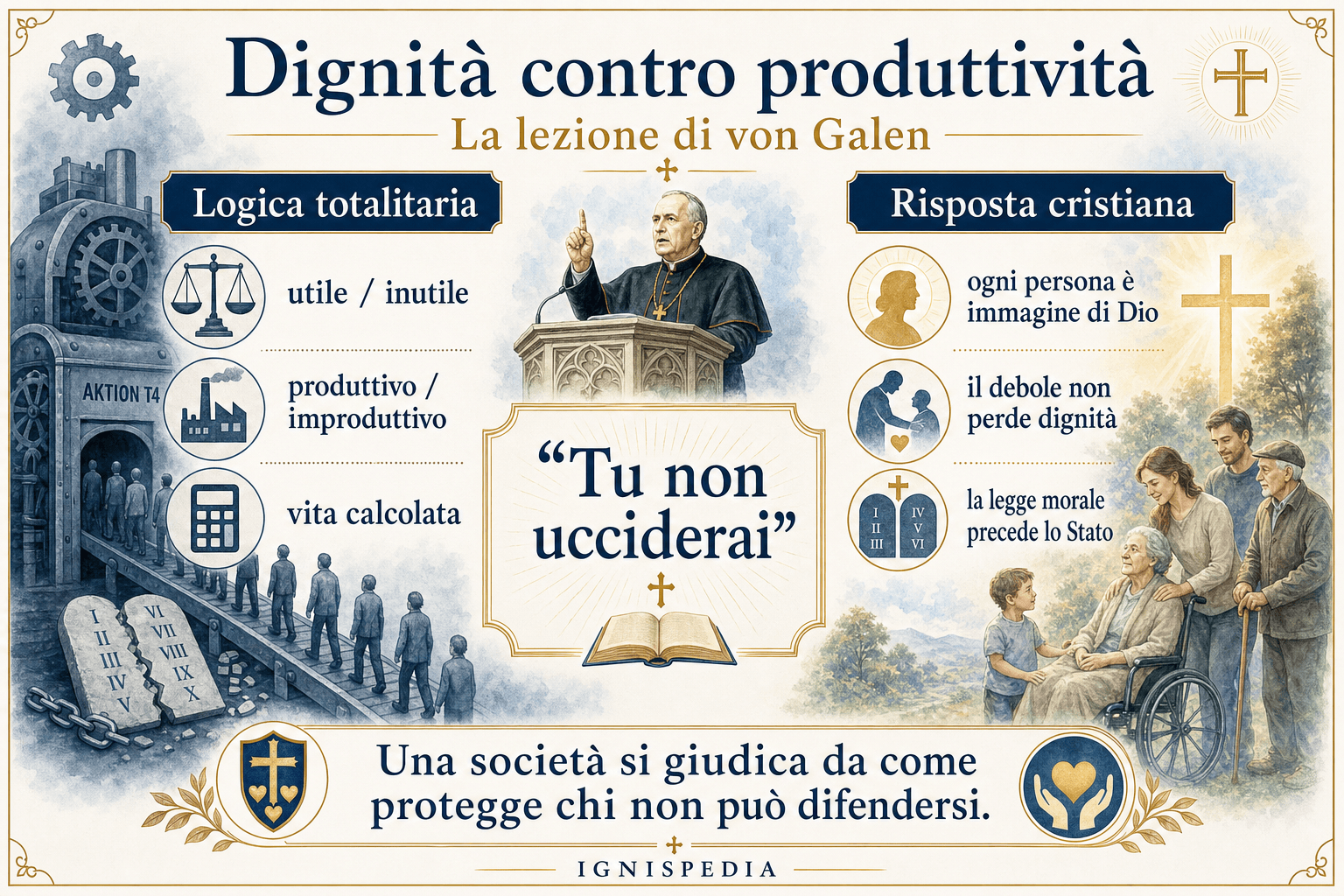 Infografia Ignispedia che contrappone la logica della produttività e la risposta cristiana sulla dignità umana