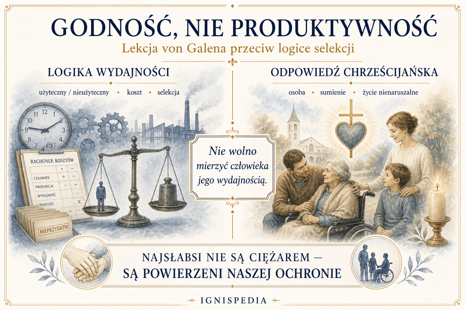 Infografika Ignispedia przeciwstawiająca logikę produktywności chrześcijańskiej odpowiedzi o godności osoby