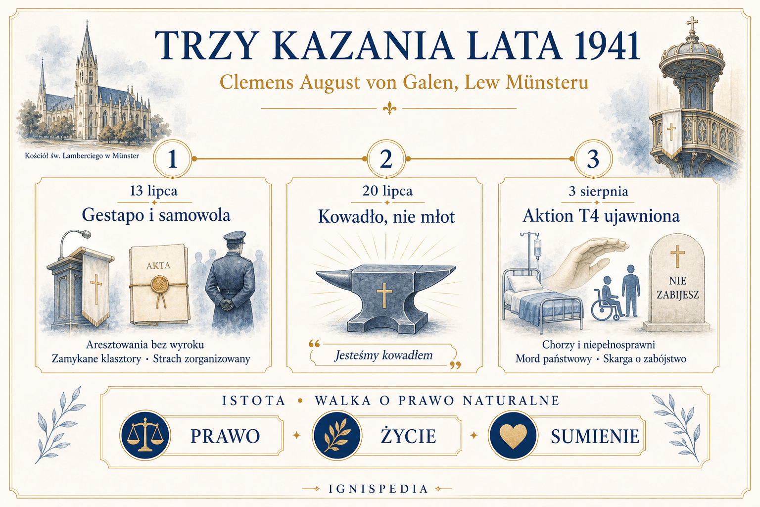 Infografika Ignispedia przedstawiająca trzy kazania Clemensa Augusta von Galena z lata 1941 roku