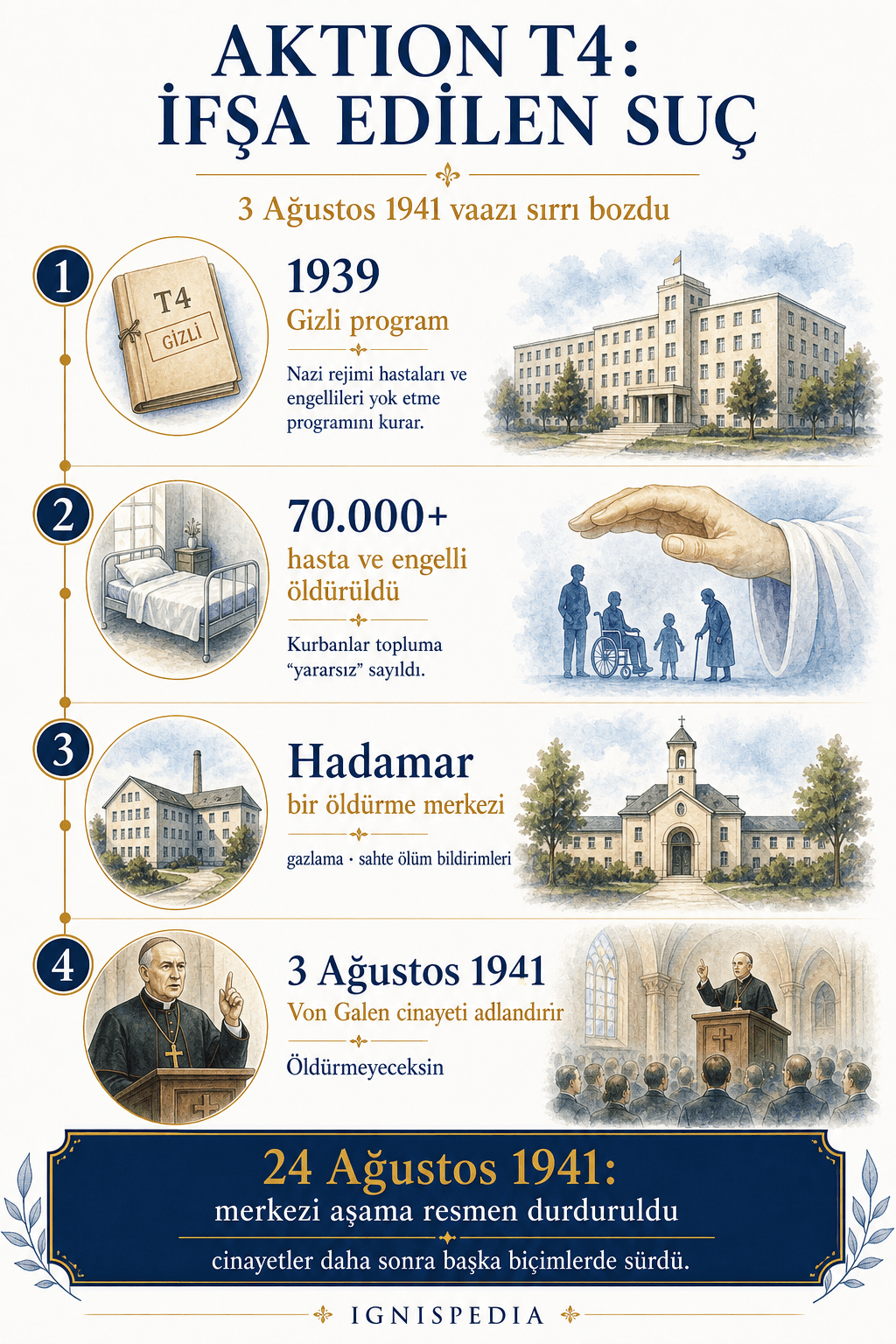 Clemens August von Galen'in mahkum ettiği Aktion T4 suçunu açıklayan Ignispedia infografiği